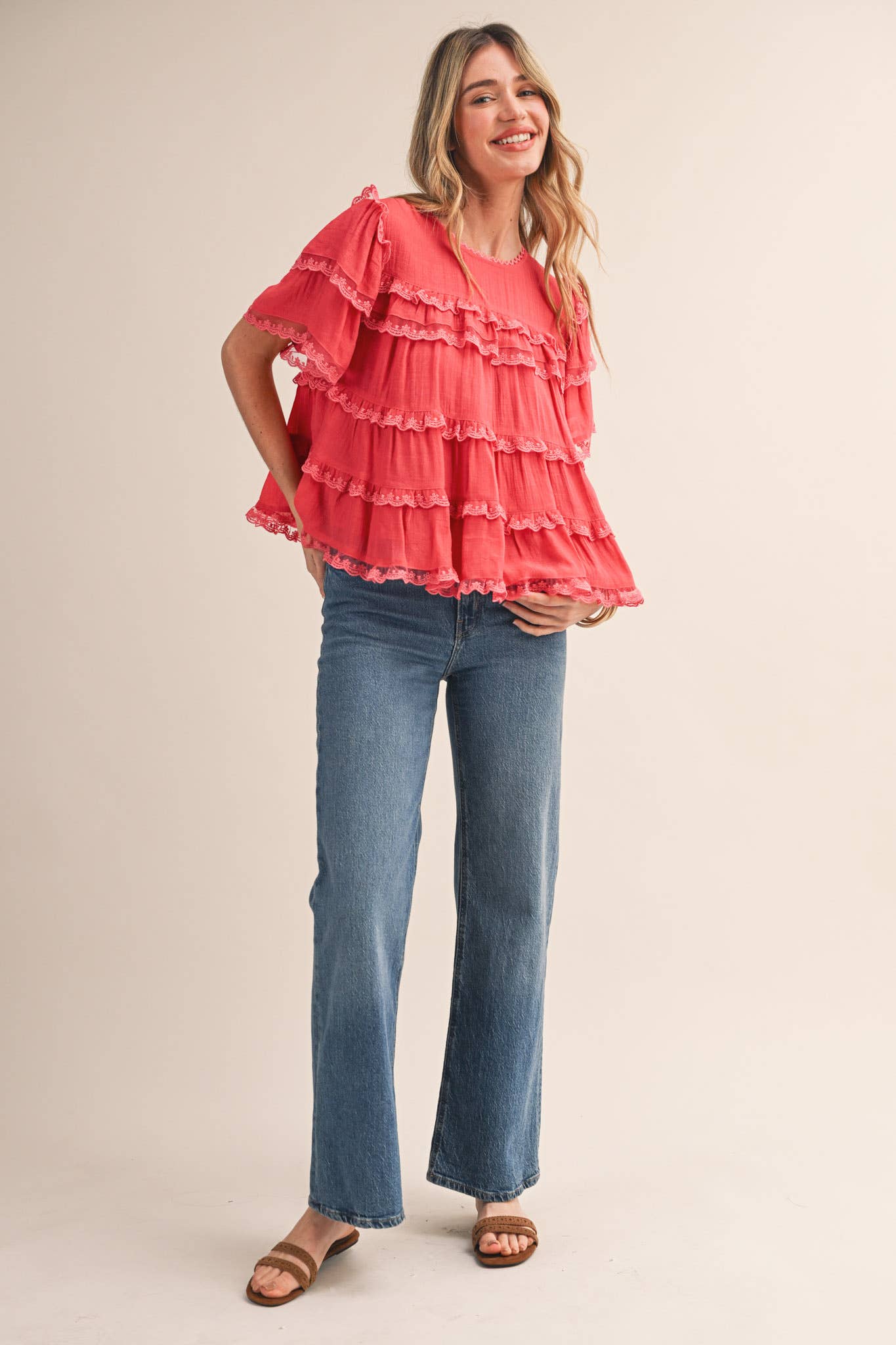 &Merci Tiered Ruffle Lace Trim Swing Top