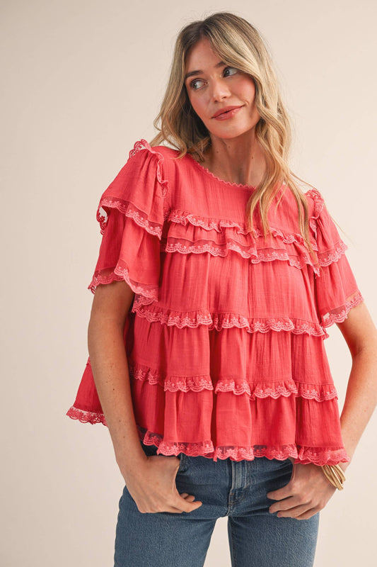 &Merci Tiered Ruffle Lace Trim Swing Top