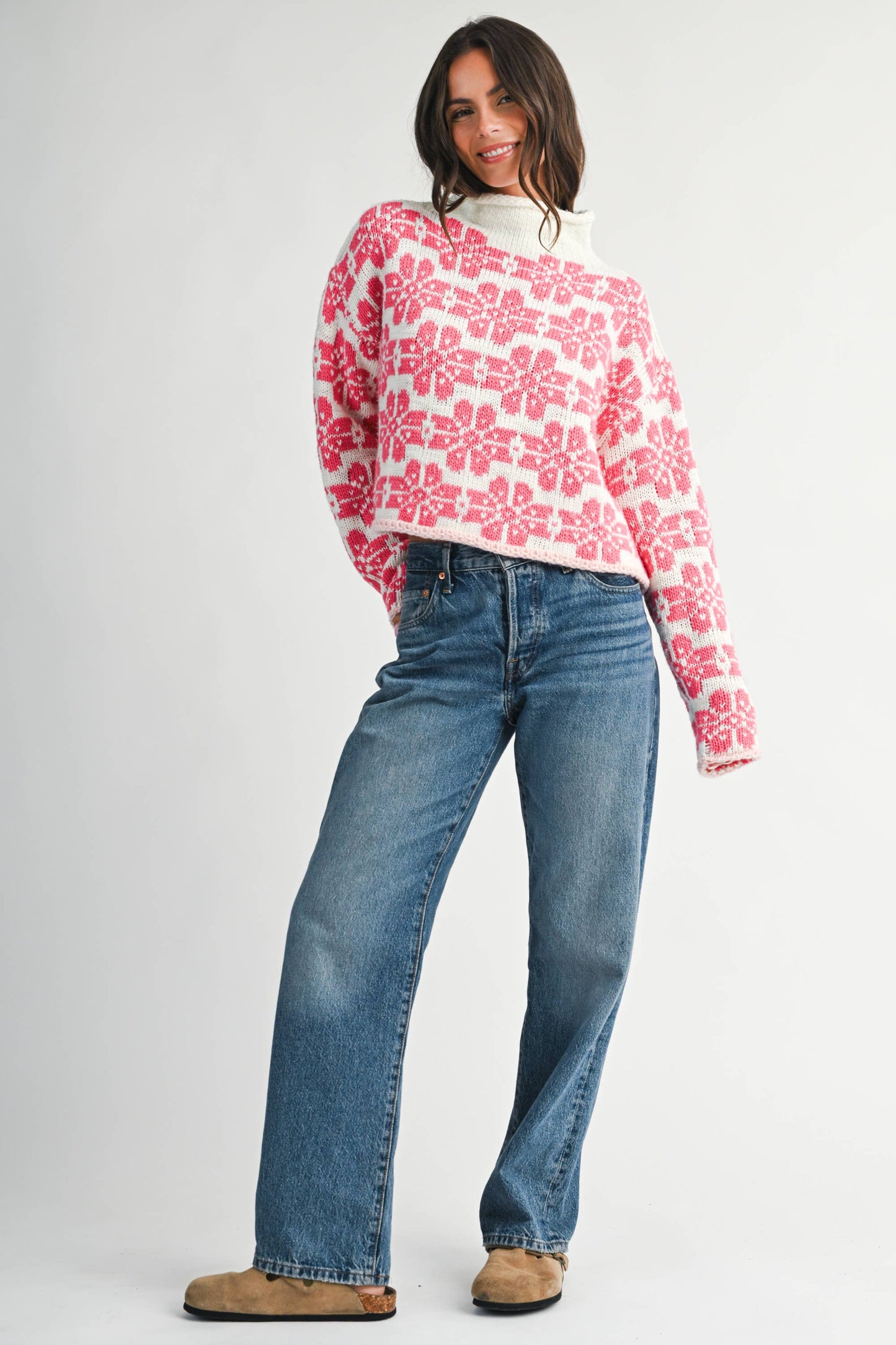 Pink Floral Fair Isle Mock Neck Sweater