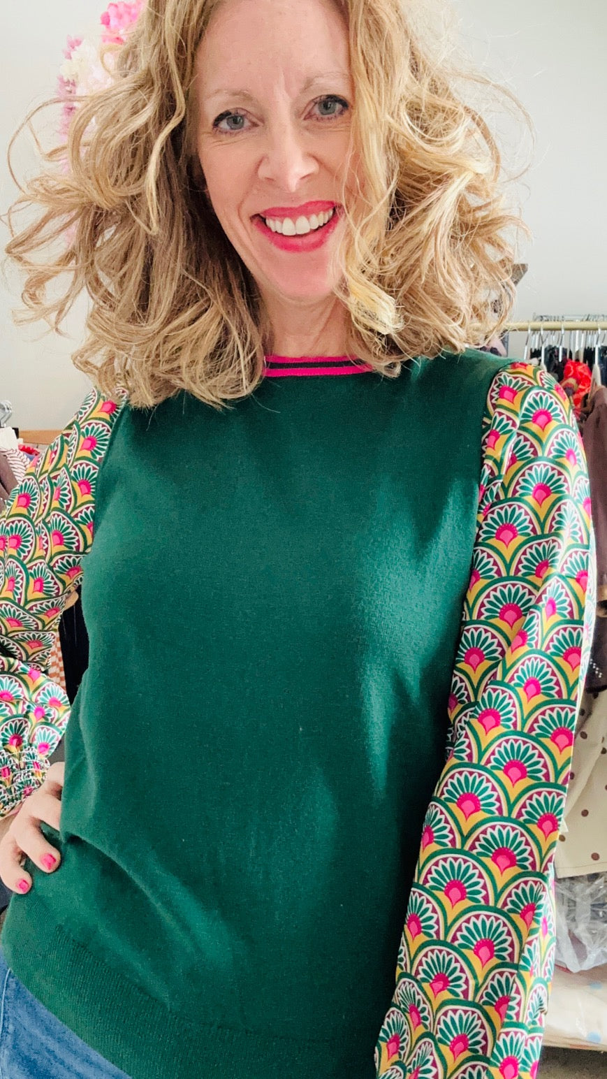 Green Printed Sleeves Top