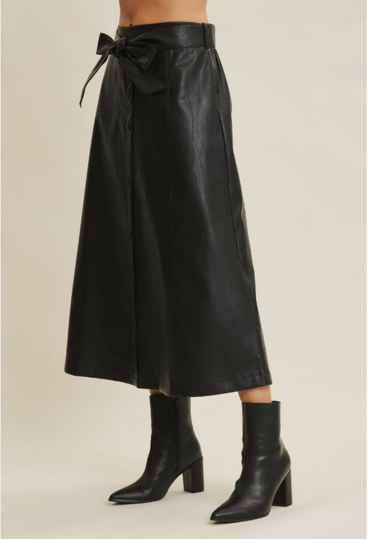 In February Vegan Black Faux Leather Belted Midi Skirt