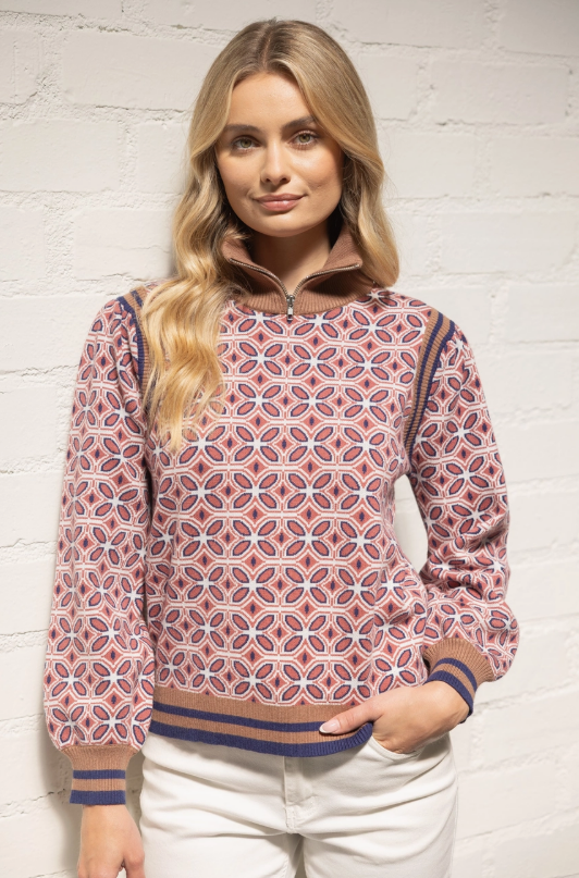 VOY Zipper High Neck Striped Rib Band Printed Sweater