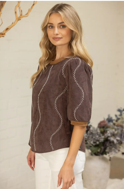 VOY Wavy Pearl Bead Detailed Quilted Suede Top