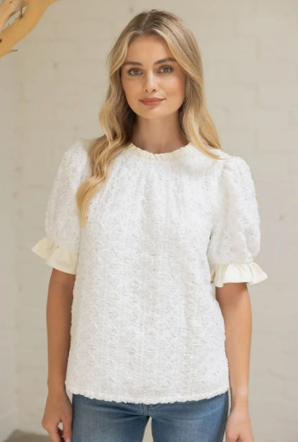 VOY Sequin and Ribbon Embroidery Plush Knit Top