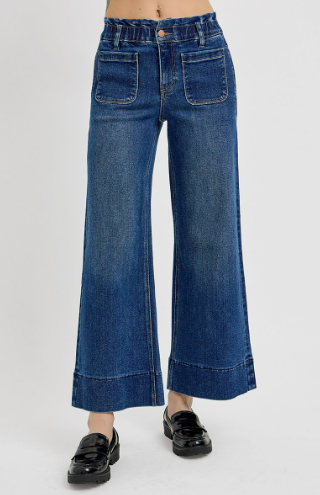 Risen Elastic Band Crop Wide Ruffle Band Jeans