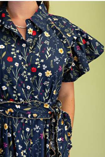 Navy Floral Belted Shirt Dress