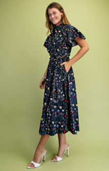 Navy Floral Belted Shirt Dress
