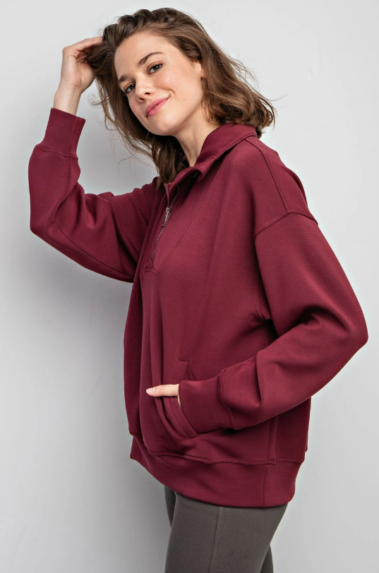 Rae Mode Wine Modal Scuba Quarter Zip Funnel Neck Pullover