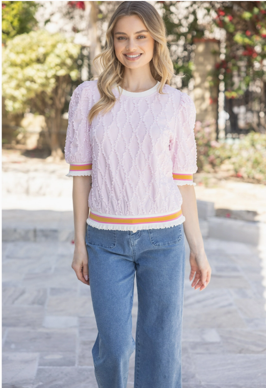 VOY Pink Striped Elastic Band Diamond Textured Top