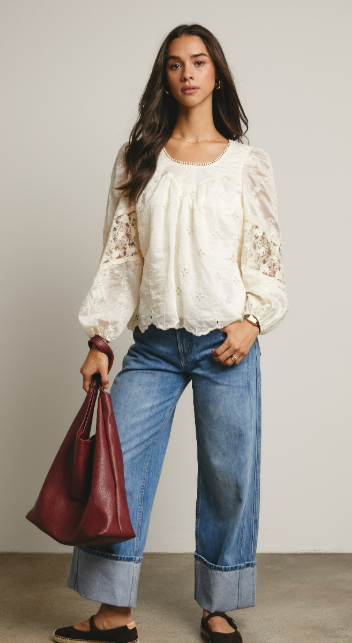 Forte Embroidered Lace Puff Sleeve Top
