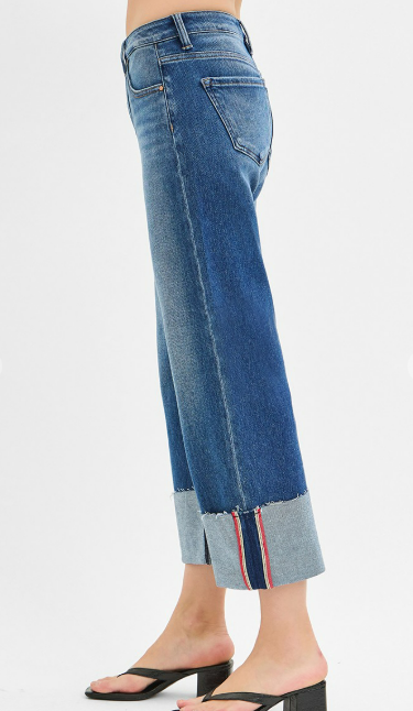 Risen Tummy Control Mid Rise Crop Wide Cuffed Jeans