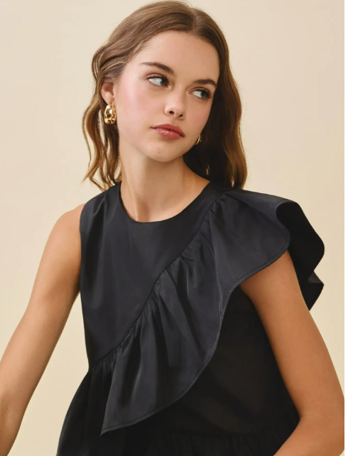 Black Cascading Ruffle Panels Drape Detail Peplum Top