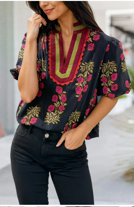 Black Floral V-Neck Top