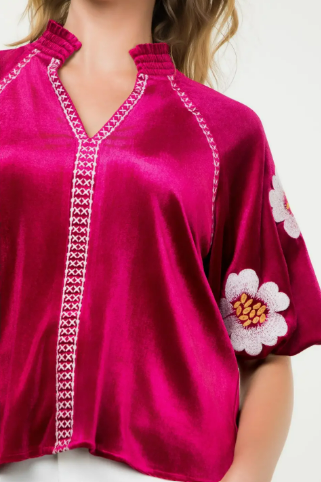 THML Embroidered Detail Velvet Puff Sleeve Top