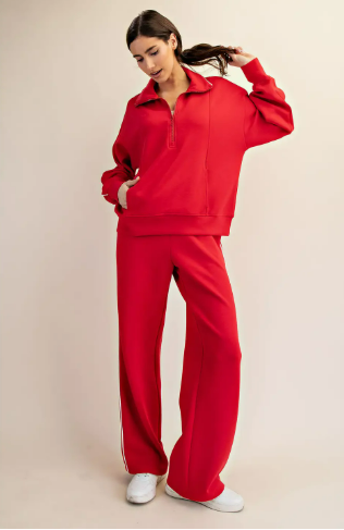 Rae Mode Red Modal Scuba Piping Quarter Zip Pullover Top
