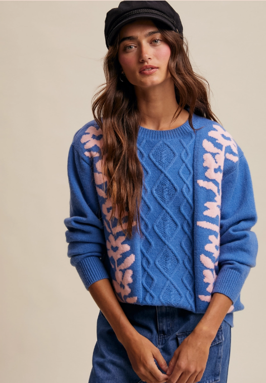 Listicle Floral Blue and Pink Cable Knit Sweater