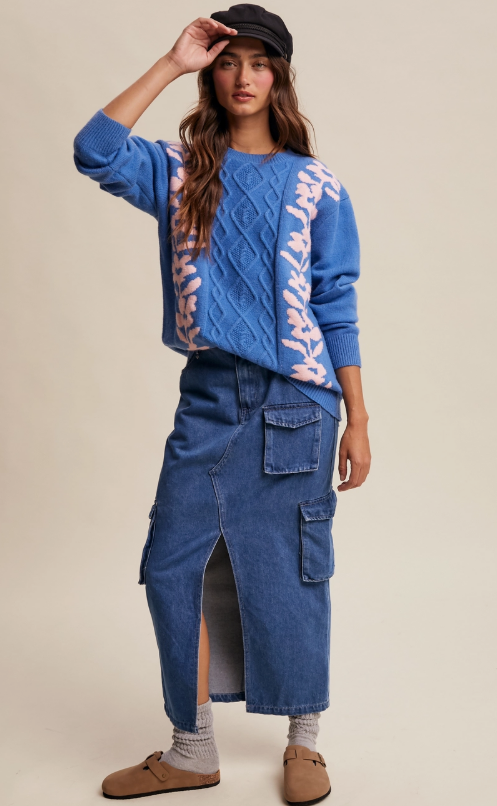 Listicle Floral Blue and Pink Cable Knit Sweater