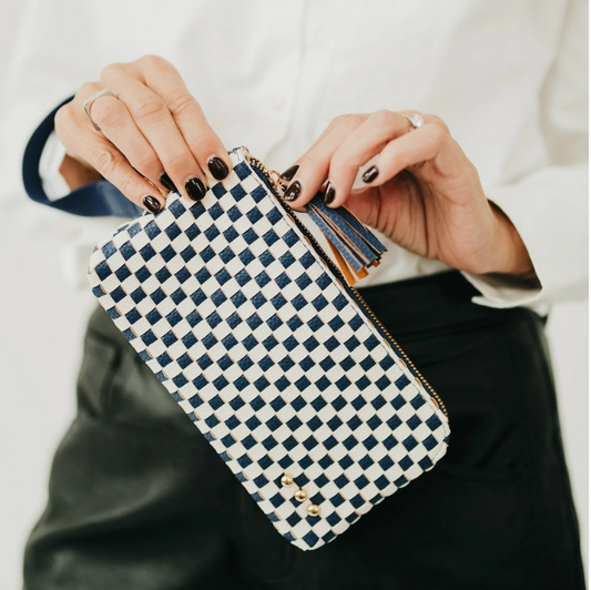 Emma Woven Navy Checked Clutch Wristlet