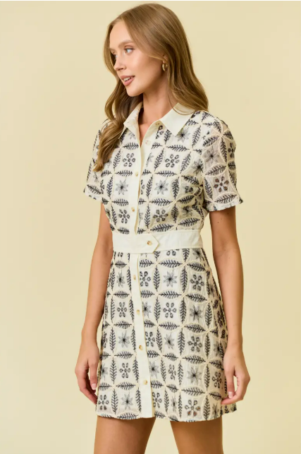 Doe and Rae Embroidered Mini Dress with Contrast Collar