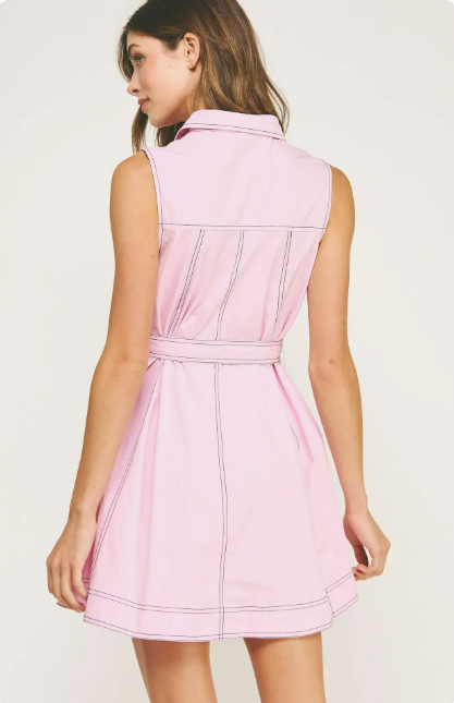 Strut & Bolt Pink Contrast Top Stitch Mini Shirt Dress