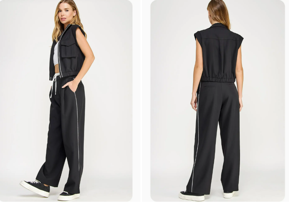 Strut & Bolt Detail Satin Waistband Contrast Wide Leg Pants