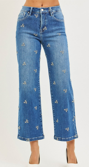 Risen Tummy Control High Rise Crop Wide Embroidered Jeans