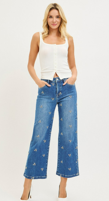 Risen Tummy Control High Rise Crop Wide Embroidered Jeans