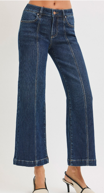 Risen Mid Rise Crop Wide Front Seamed Detailed Jeans