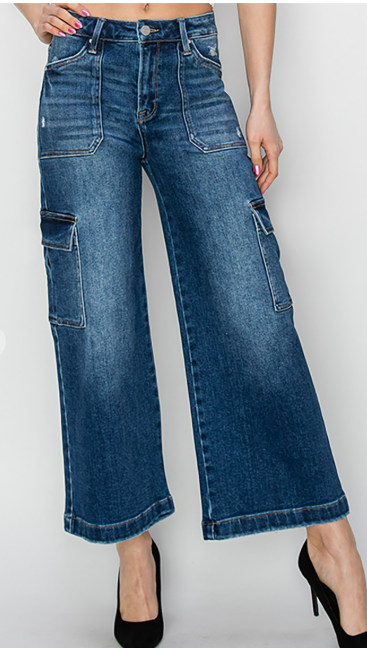 Risen High Rise Crop Wide Leg Cargo Jeans