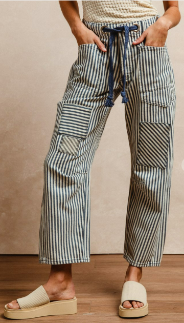 Bibi Blue Striped Twill Barrel Pants