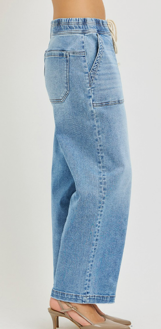 Risen Jeans Elastic Slouchy Cropped Baggy Patch Pockets