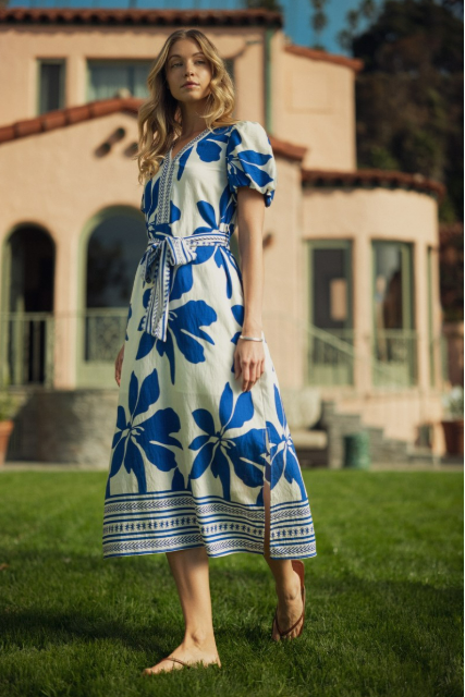 Jodifl Side Slit Blue Tropical Floral Midi Dress