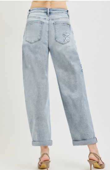 Risen Slouchy Cropped Barrel Jeans With Flower Patch Details