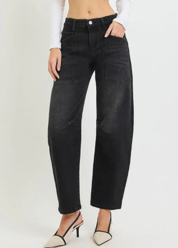 Risen Black Mid Rise Barrel Patch Jeans
