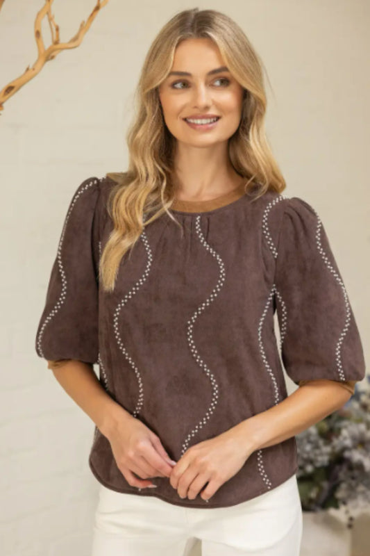 VOY Wavy Pearl Bead Detailed Quilted Suede Top