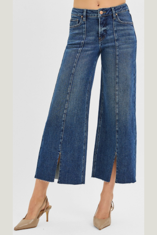 Risen Tummy Control Mid Rise Crop Wide Front Slit Jeans