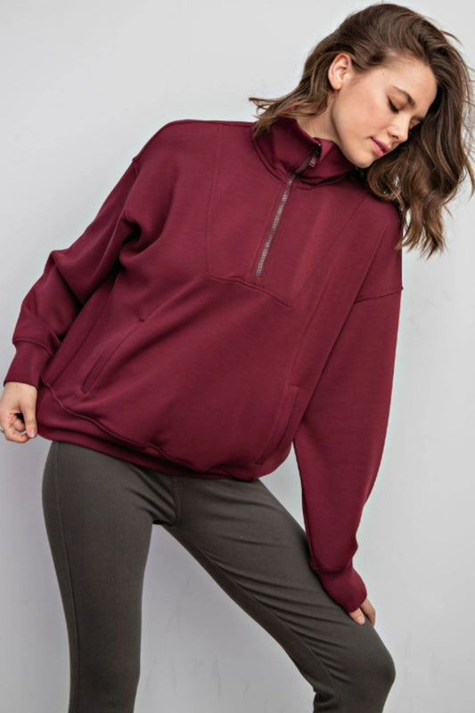 Rae Mode Wine Modal Scuba Quarter Zip Funnel Neck Pullover