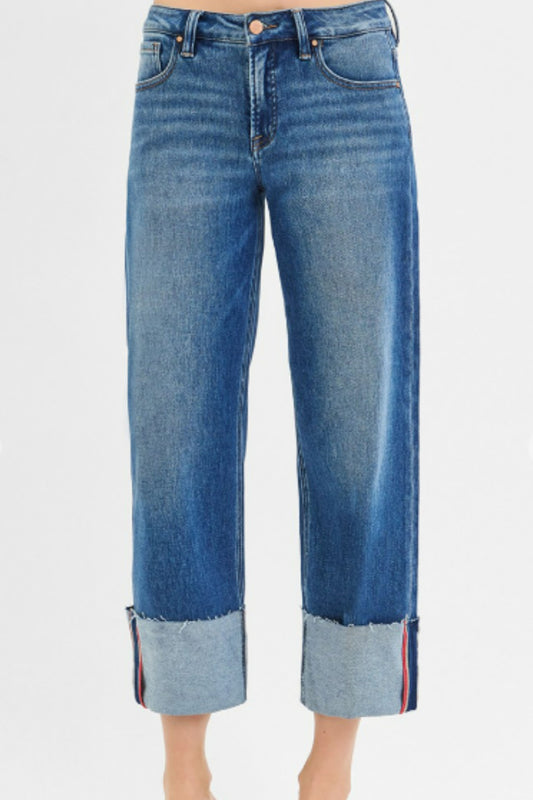 Risen Tummy Control Mid Rise Crop Wide Cuffed Jeans