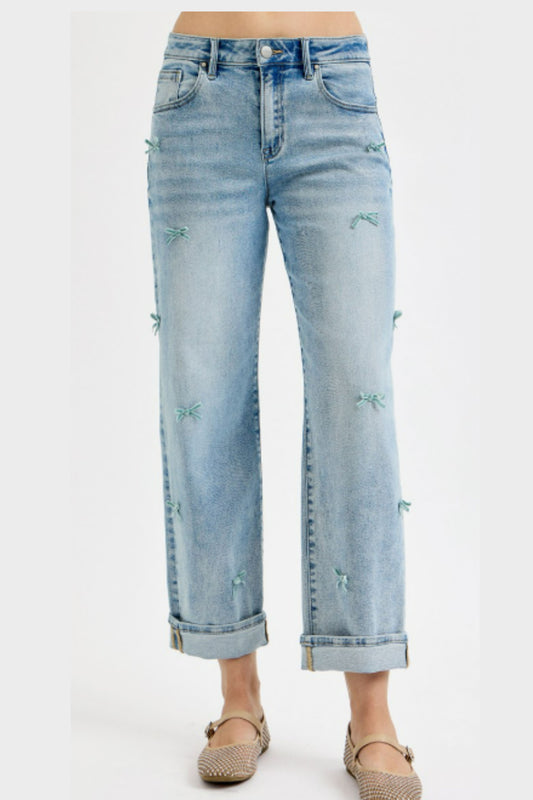 Risen High Rise Crop Barrel Ribbon Detail Jeans