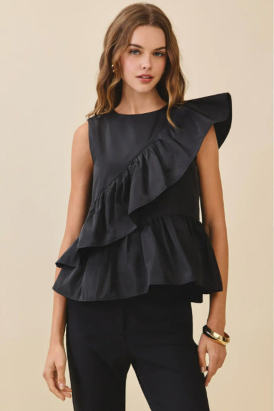Black Cascading Ruffle Panels Drape Detail Peplum Top