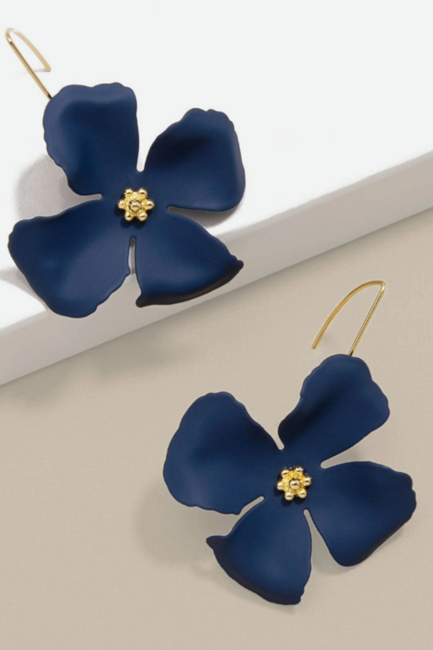ZENZII Navy Matte Flower Threader Drop Earrings