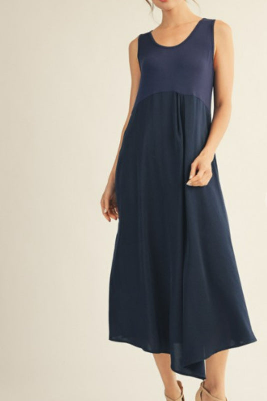 Jodifyl Navy Front Pleat Detail Solid Dress