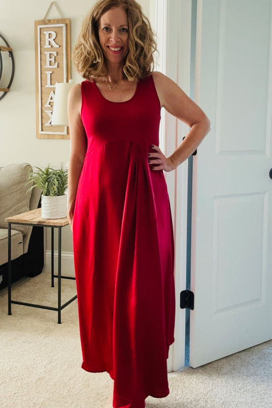 Jodifyl Burgundy Front Pleat Detail Solid Dress