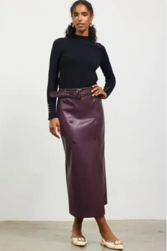 Skies Are Blue Plum Faux Leather Midi Skirt with Belt