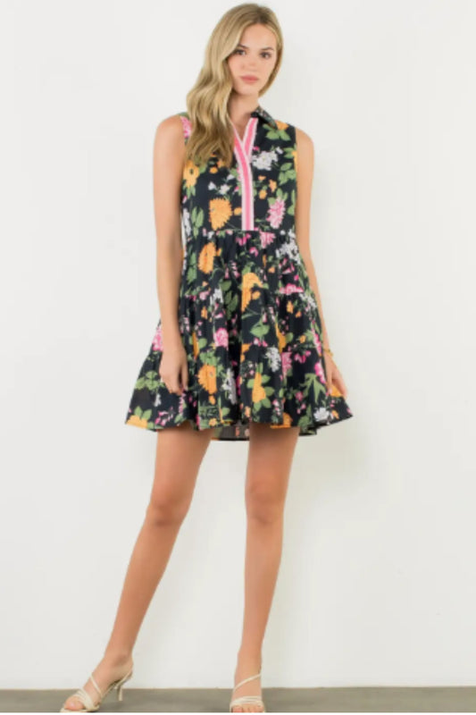 THML Black Sleeveless Tiered Floral Print Dress