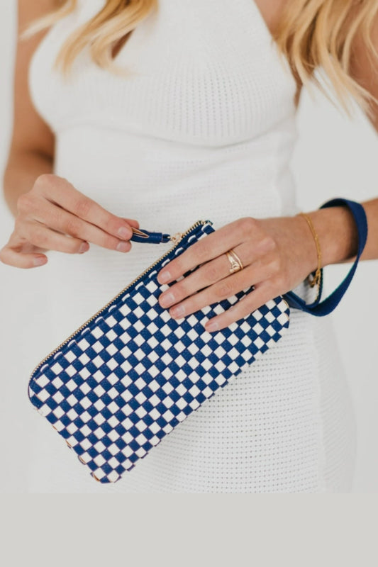 Emma Woven Navy Checked Clutch Wristlet
