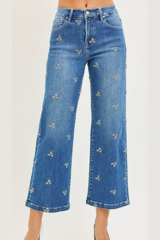Risen Tummy Control High Rise Crop Wide Embroidered Jeans