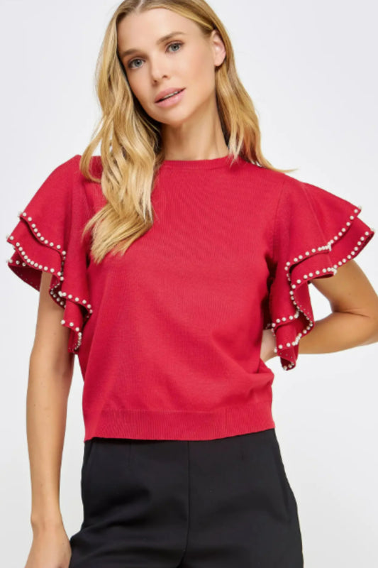 Strut & Bolt Red Double Layer Pearl Trim Knit Sweater Top