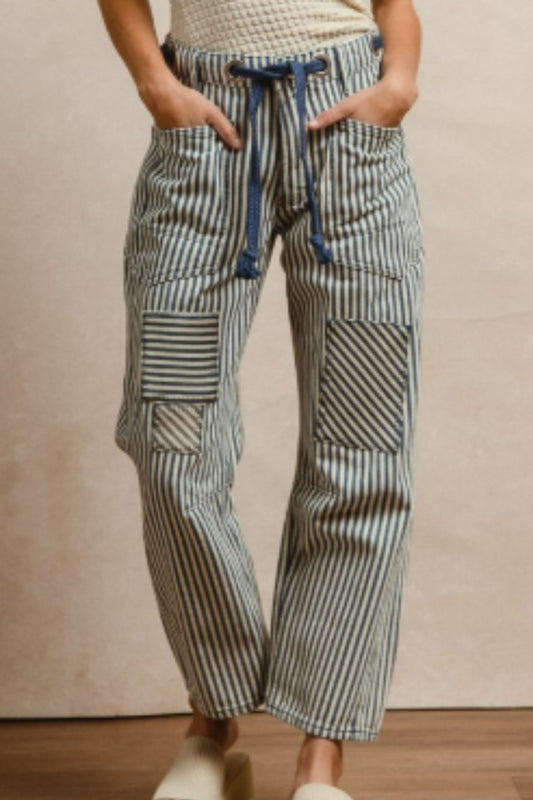 Bibi Blue Striped Twill Barrel Pants