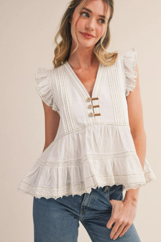 &Merci Mixed Media Contrast Stitch Lace Trim Top